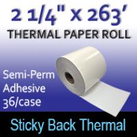 2 1/4" x 263' Sticky Back Thermal Paper, Semi-Permanent Adhesive